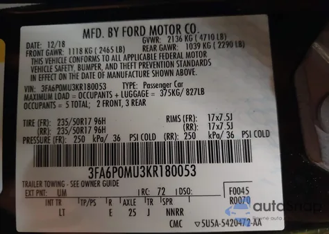 2019 Ford Fusion Hybrid Sel z USA, uszkodzony, nr VIN 3FA6P0MU3KR180053